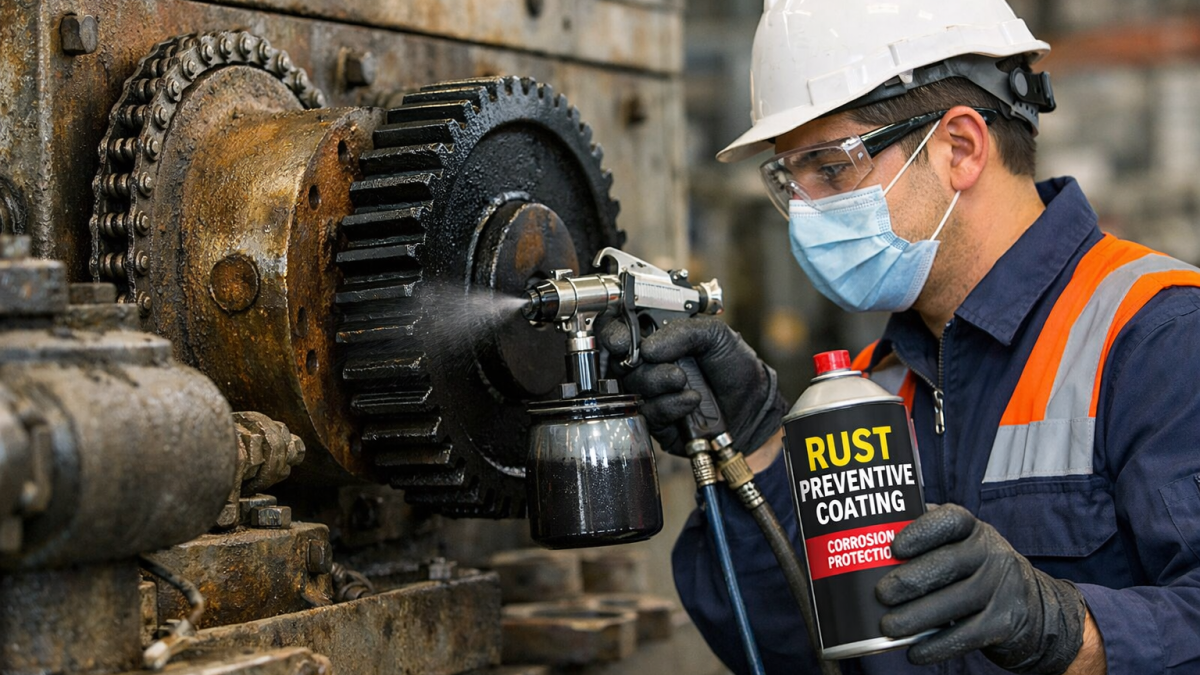 How to maintain machinery storage facilities to prevent rust and damage 4 Industrial worker in gloves applying rust preventive oil coating to a large CNC machine before long-term machinery storage