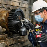 Industrial worker in gloves applying rust preventive oil coating to a large CNC machine before long-term machinery storage