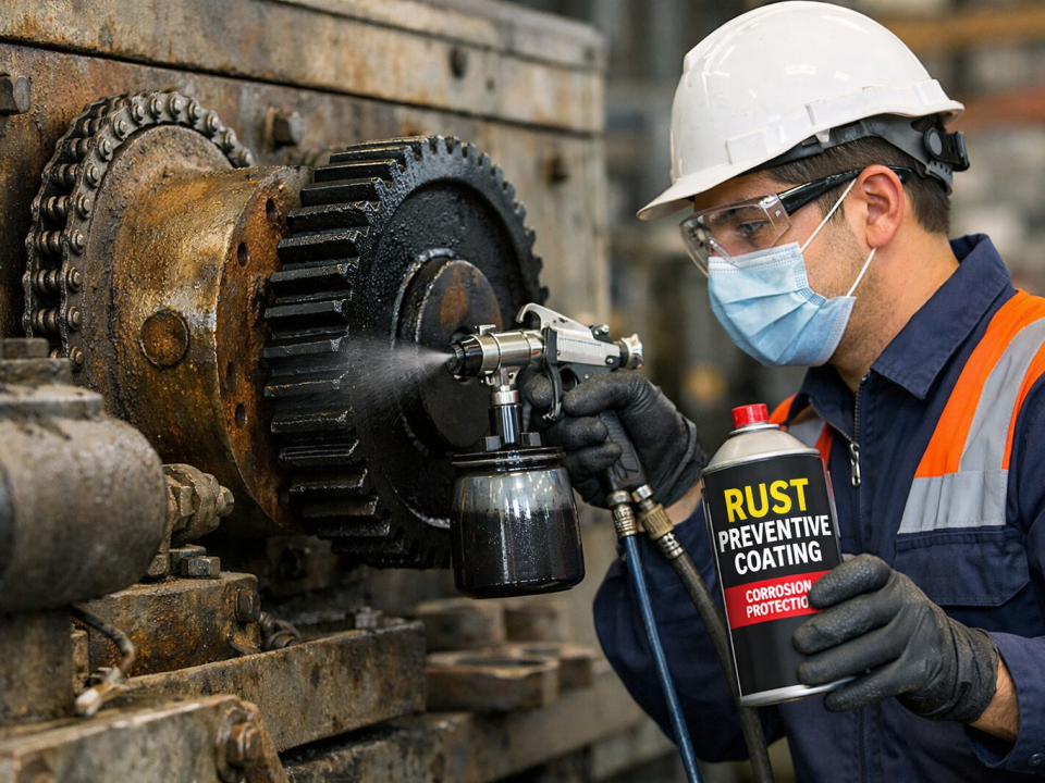 Industrial worker in gloves applying rust preventive oil coating to a large CNC machine before long-term machinery storage