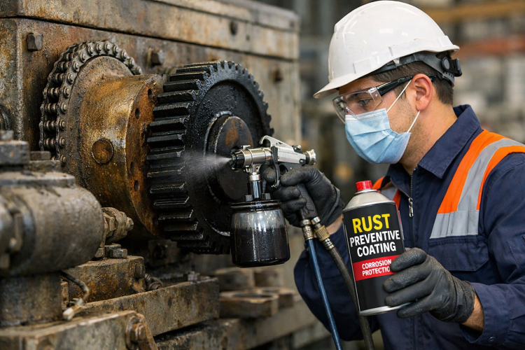 How to maintain machinery storage facilities to prevent rust and damage 6 Industrial worker in gloves applying rust preventive oil coating to a large CNC machine before long-term machinery storage