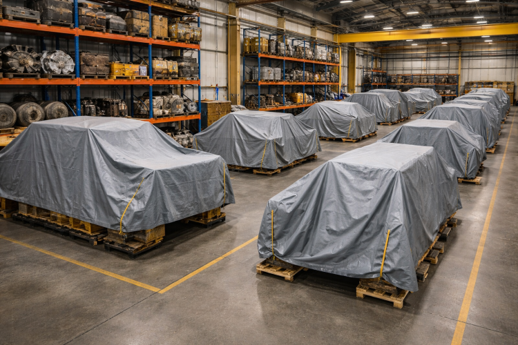 How to maintain machinery storage facilities to prevent rust and damage 7 Heavy industrial machinery covered with protective tarps and properly spaced inside a climate-controlled warehouse storage facility to prevent rust and moisture damage